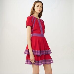 Maje Dress Raglia Short Ruffle Red Purple Layered Boho Tiered Lace Crochet Sz 1